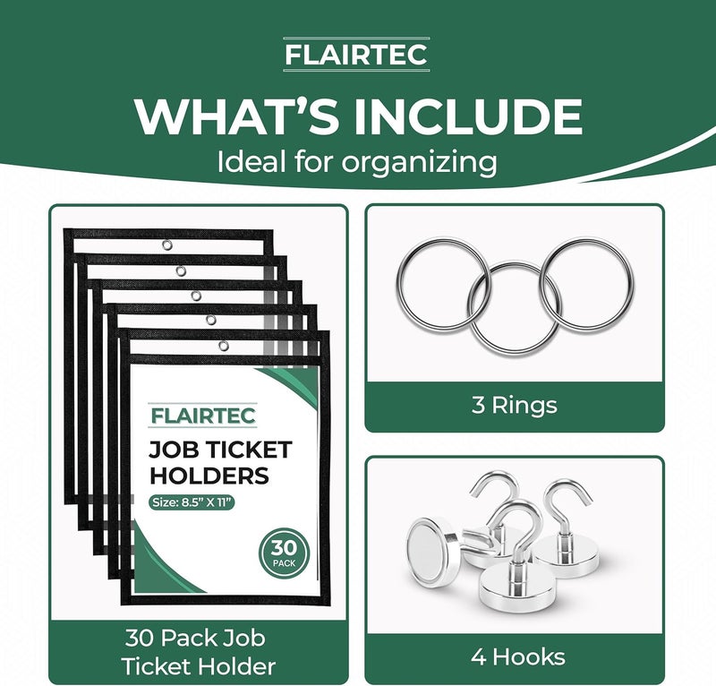FLAIRTEC Job Ticket Holders 10x14 - (30 Pack) 8.5x11 Letter Size | Reusable Dry Erase Pockets Black with Metal Rings & Hooks | Durable Clear Shop Sleeves for Work Order | Perfect for Classrooms - Image 2